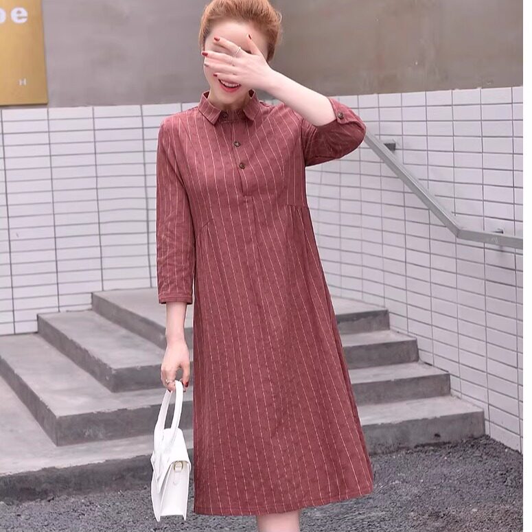 1029春季中长新款棉麻女A字七分中袖连衣裙服装裁剪图纸样