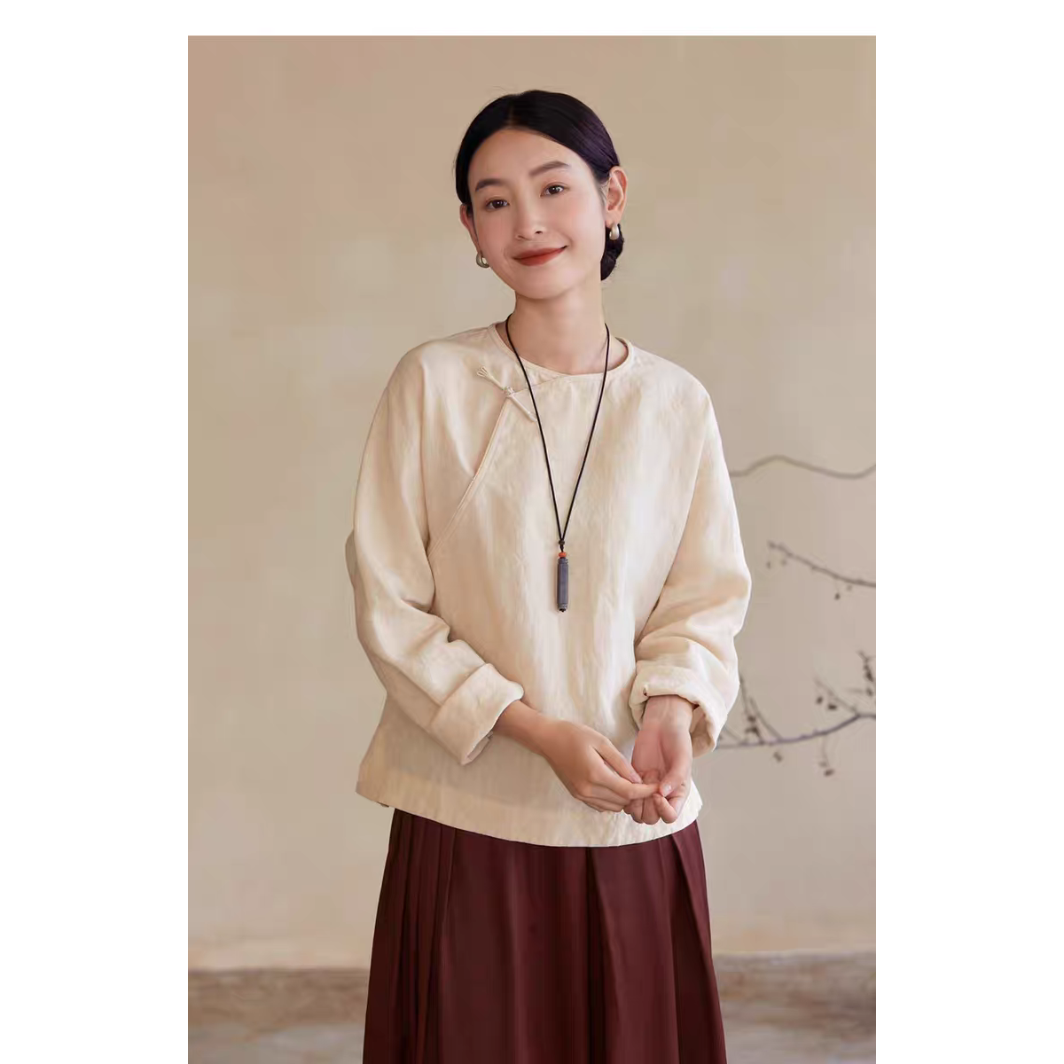 2011长袖套头款苎麻棉麻斜襟做衣服女装衬衣上衣衬衣裁剪图纸样