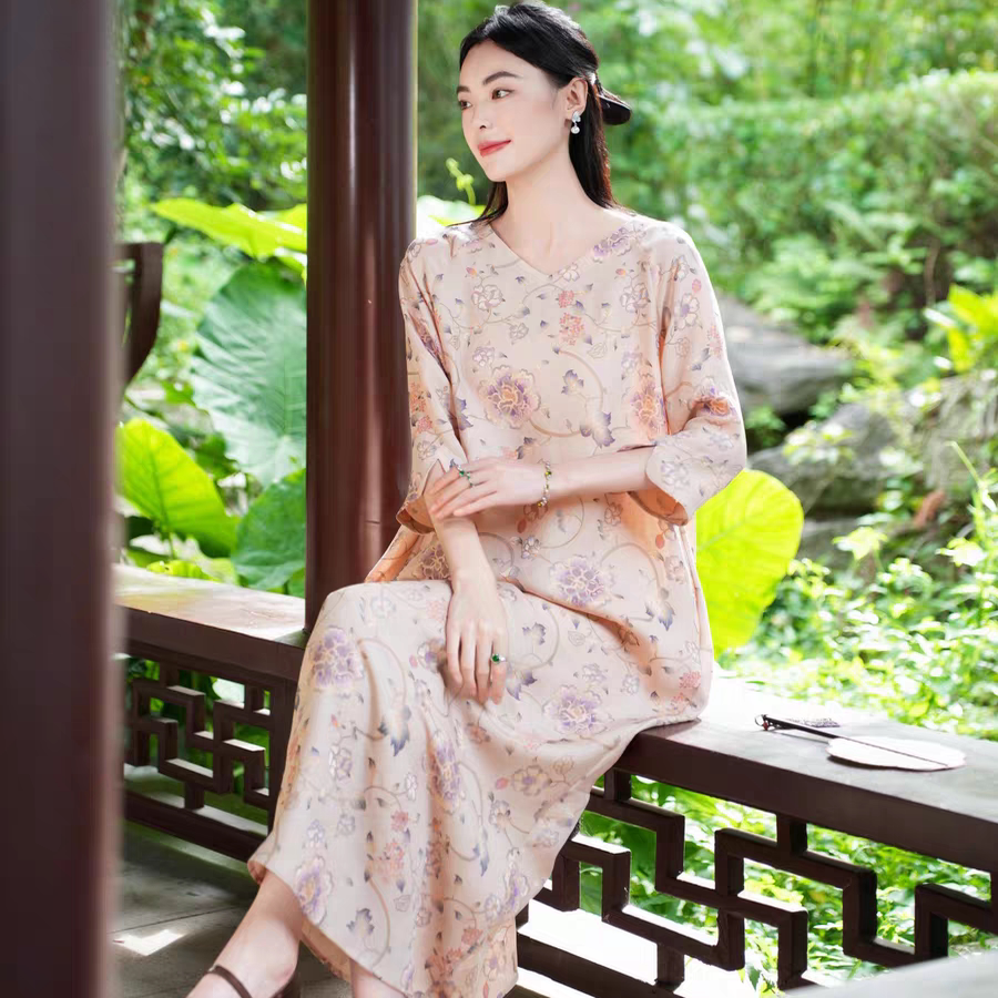 视频353女士宽松套头插肩袖V领长款O型连衣裙衣服装裁剪图板纸样