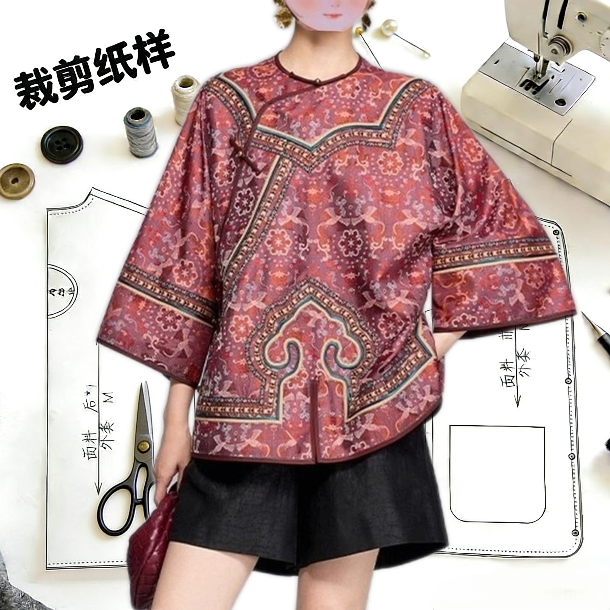 视频52全开襟汉服香云纱外套立体裁剪切割牛皮纸1:1服装图纸样