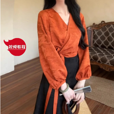 视频384国风复古改良汉服衬衫女