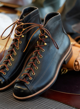 短脸靴工装靴机车靴头层牛皮Horween茶芯皮 厚底男鞋圆头复古靴