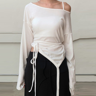 adelio韩代 play long strap tee 设计师款不规则绑带长袖T恤女