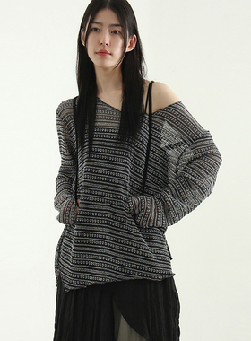 韩国代购25S/S mixed stripe unbal knit 设计师款条纹长袖针织衫