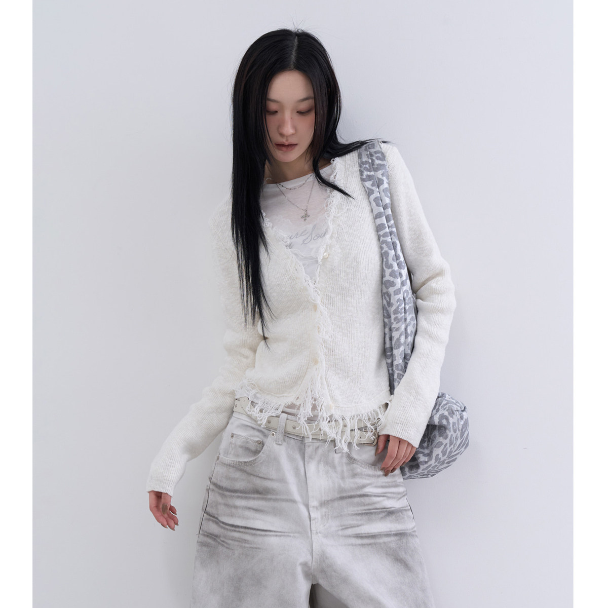lowear韩代流苏长袖针织开衫