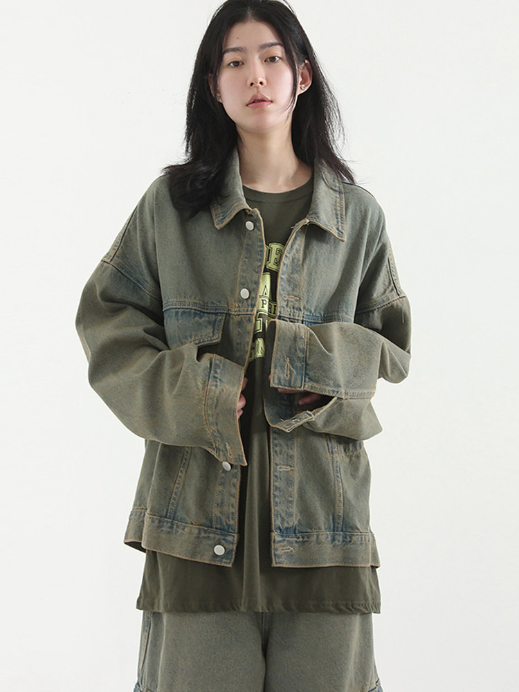 韩代23 vintage khaki cargo denim jacket (unisex)工装牛仔夹克