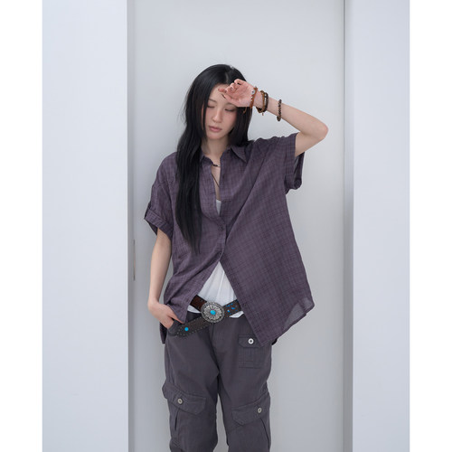 lowear韩代格子短袖衬衫上衣