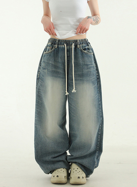韩国代购24S/S washed denim banding pants 水洗磨白牛仔裤百搭