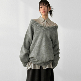 韩国代购26A/W deep V neck wool knit 设计师款深V领针织毛衣女