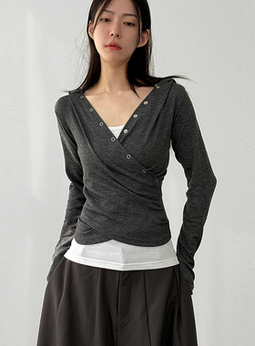 韩国代购25F/W snap button wrap hoody 设计师款长袖连帽衫上衣