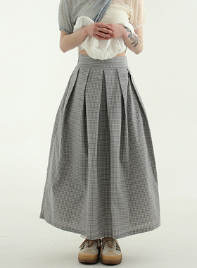 韩国代购25S/S natural check pleated banding long skirt 长裙