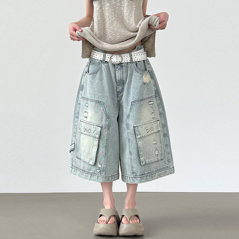 韩代25S/S damage pocket denim bermuda pants 工装牛仔半腿裤