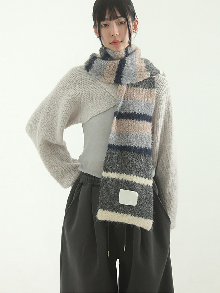 韩国代购23F/W mixed stripe knit muffler 设计师拼接色宽幅围巾
