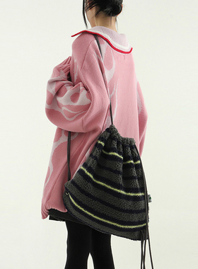 韩国代购25A/W stripe dumble bucket back pack 拼色条纹背包女