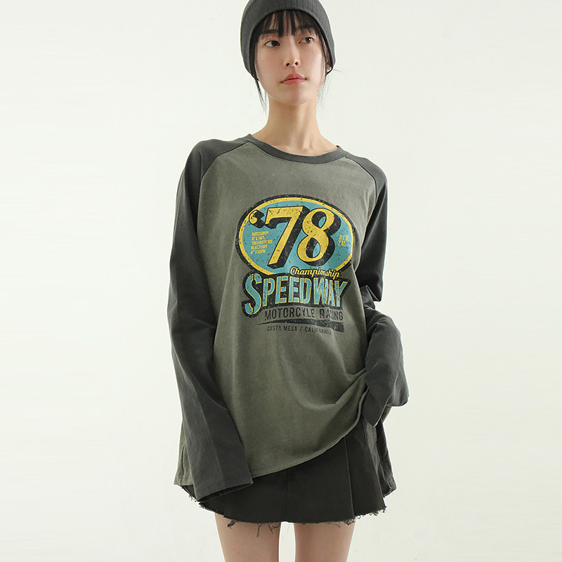 韩国代购24A/W SPEEDWAY printed raglan cotton tee字母插肩长袖