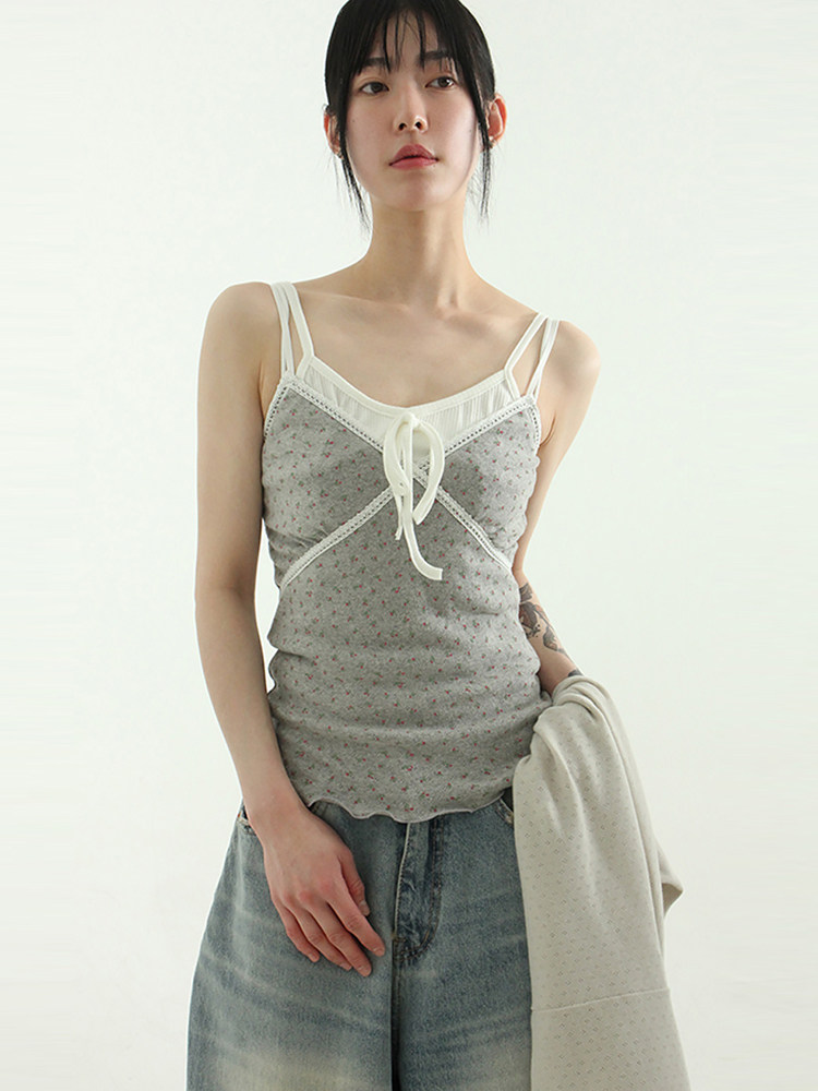 韩国代购 24S/S floral lace sleeveless cotton top碎花吊带背心