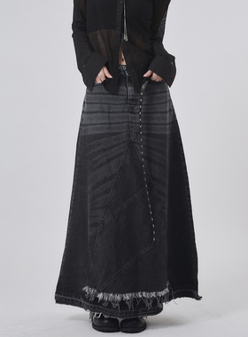 韩国代购Raucohouse Raw cut sand denim long skirt水洗牛仔长裙