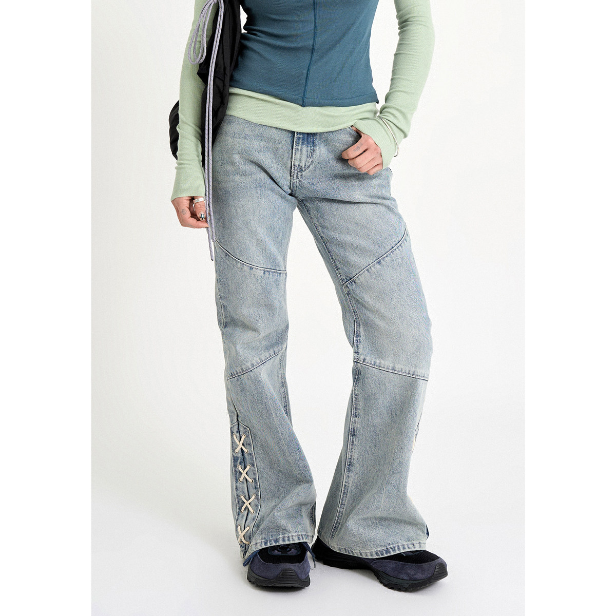 韩代Raucohouse Sage cross lace denim pants 水洗喇叭牛仔裤