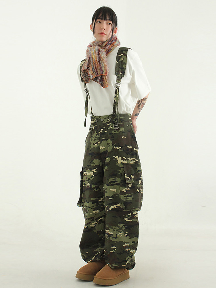 韩国代购23F/W suspender cotton cargo pants(unisex)迷彩背带裤