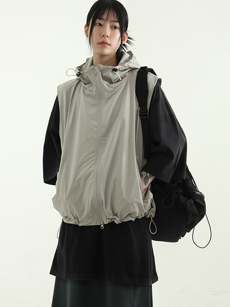 韩国代购24S/S paper cap hood vest (unisex) 薄款连帽拉链马甲