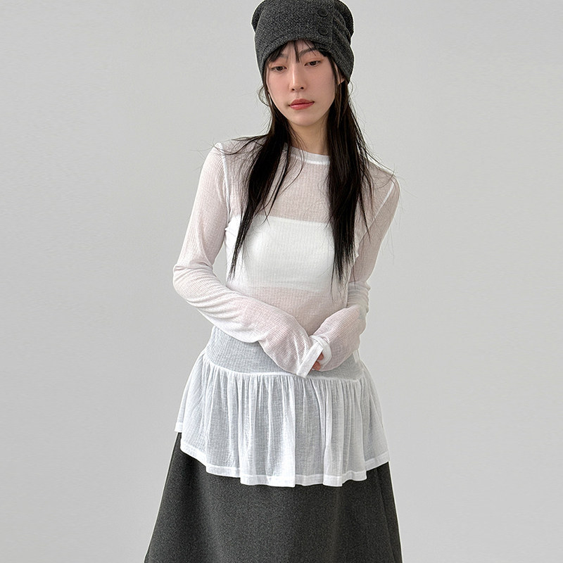韩国代购26A/W soft golgi frill tee 设计师款修身薄透T恤打底衫