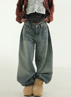 韩国代购24F/W low waist washed wide jean 低腰水洗宽松牛仔裤