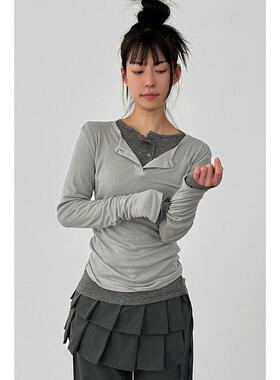 Localmansion韩代26 button neck tencel tee 纽扣长袖打底T恤女