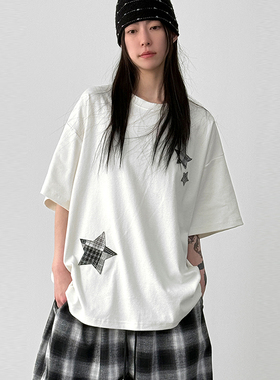韩国代购25F/W star patched cotton half tee 星星补丁短袖T恤