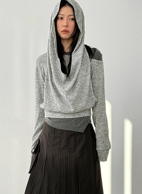 韩国代购25F/W unbal shoulder layered hoody 设计师款连帽上衣