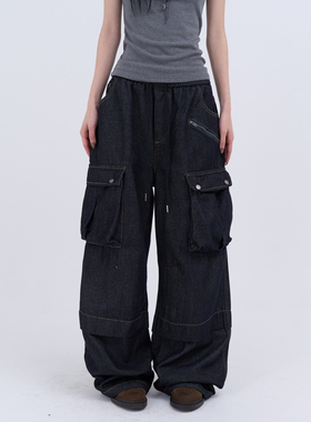 lowear韩代 casual cargo law denim pants 抽绳宽松工装长裤女