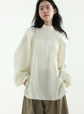 韩代25 neck strap wrinkled puff blouse设计师宽松长袖衬衫上衣