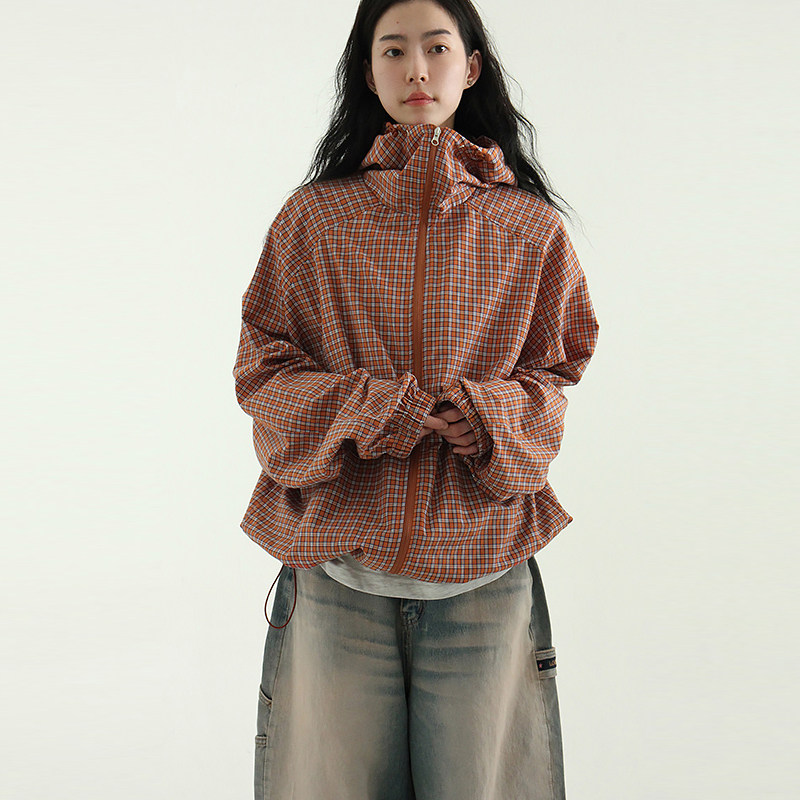 韩国代购25A/W check hood zip-up jacket (unisex) 格子连帽夹克