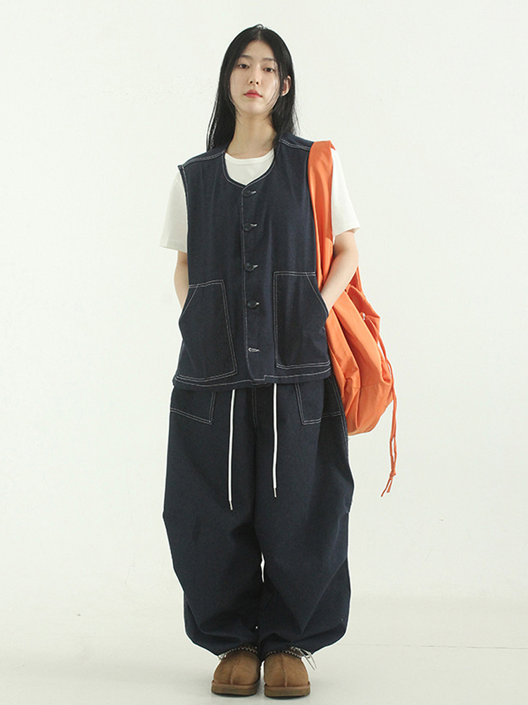 韩国代购 stitch denim balloon pin tuck pants 拼色扎线牛仔裤 女装/女士精品 牛仔裤 原图主图