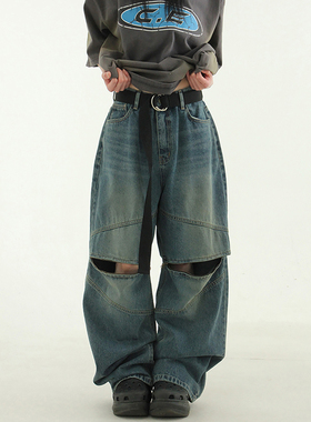 韩国代购24S/S kee slit biker wide jean(unisex)膝盖开叉牛仔裤