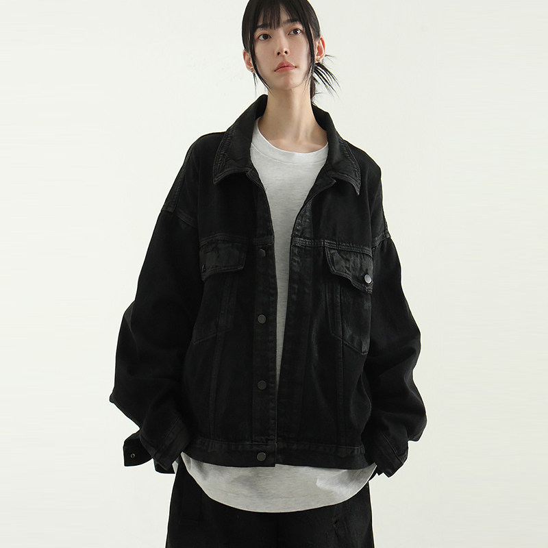 韩国代购24A/W oil coated black denim jacket (unisex)牛仔夹克
