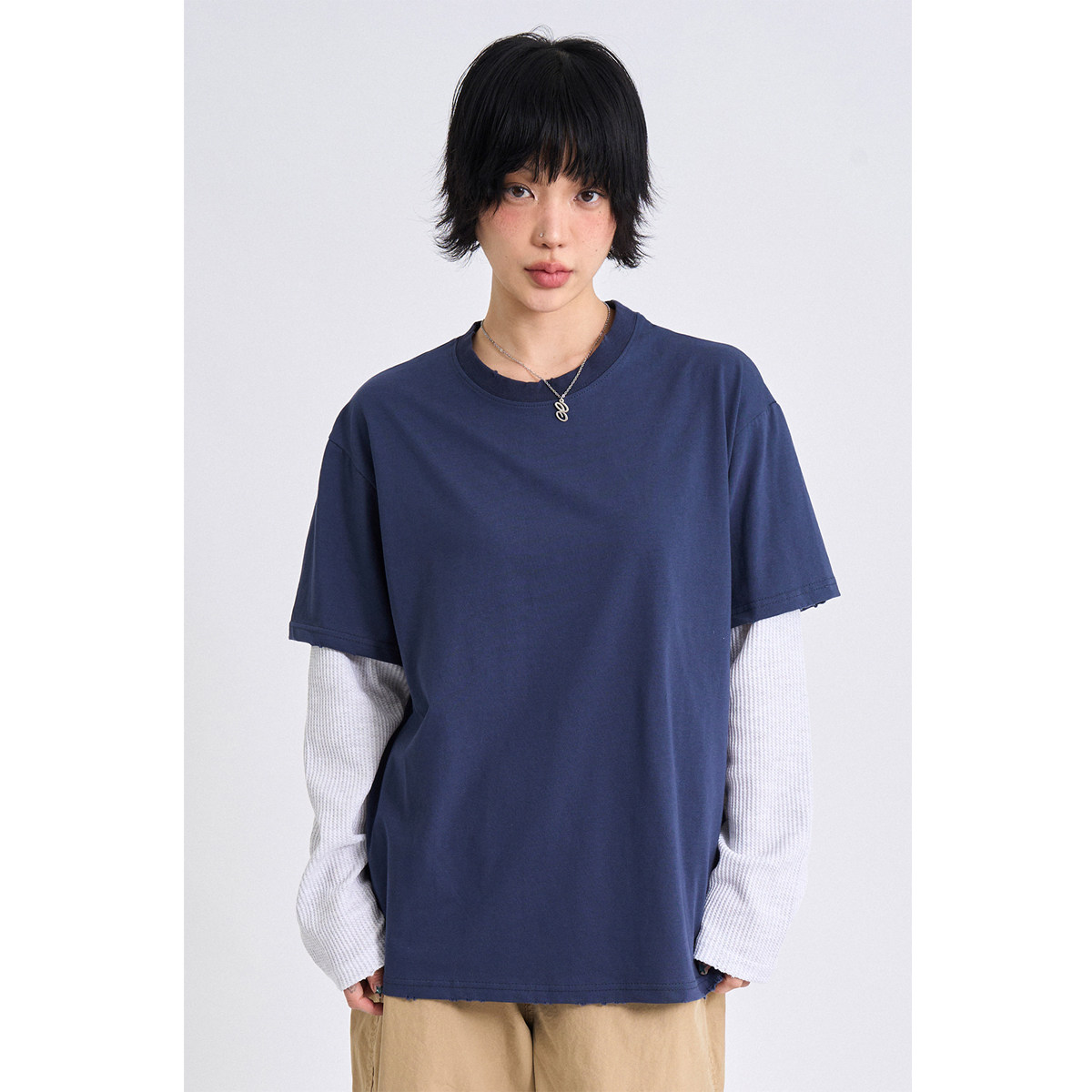 韩代Raucohouse Waffle damage layered long sleeve 假两件长袖T