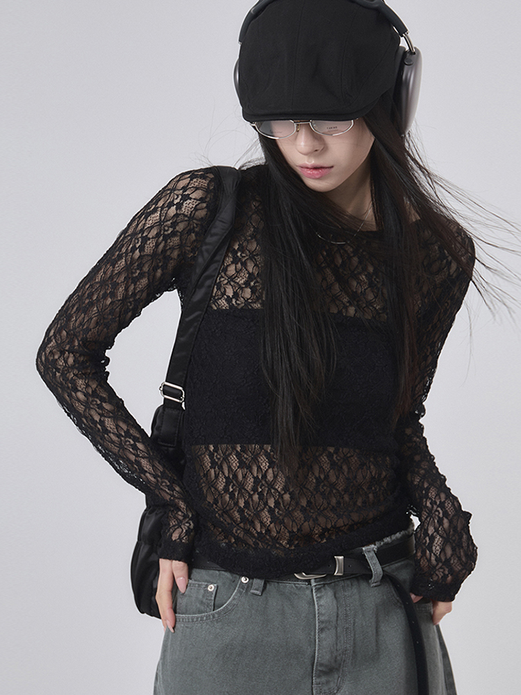 Raucohouse韩代镂空蕾丝长袖T恤