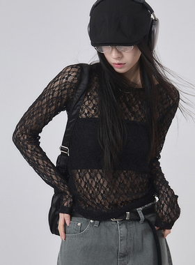 韩代Raucohouse  Sheer pattern see-through long sleeve镂空T恤