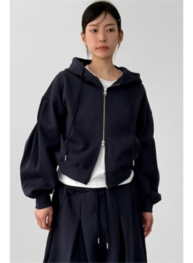 韩国代购26 pin tuck sleeve 2way cotton hood zip-up 拉链帽衫