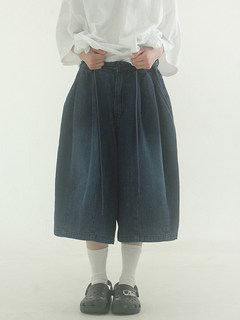 韩国代购 pin tuck denim half pants (unisex) 宽松牛仔7分裤女