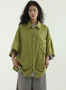 韩国代购 soft cotton half shirt 薄款宽松半袖衬衫口袋百搭休闲