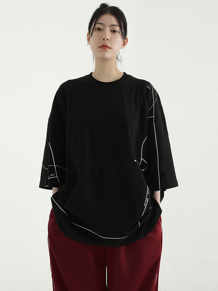 韩国代购over fit pattern line cotton T 宽松线条字母印花T恤女