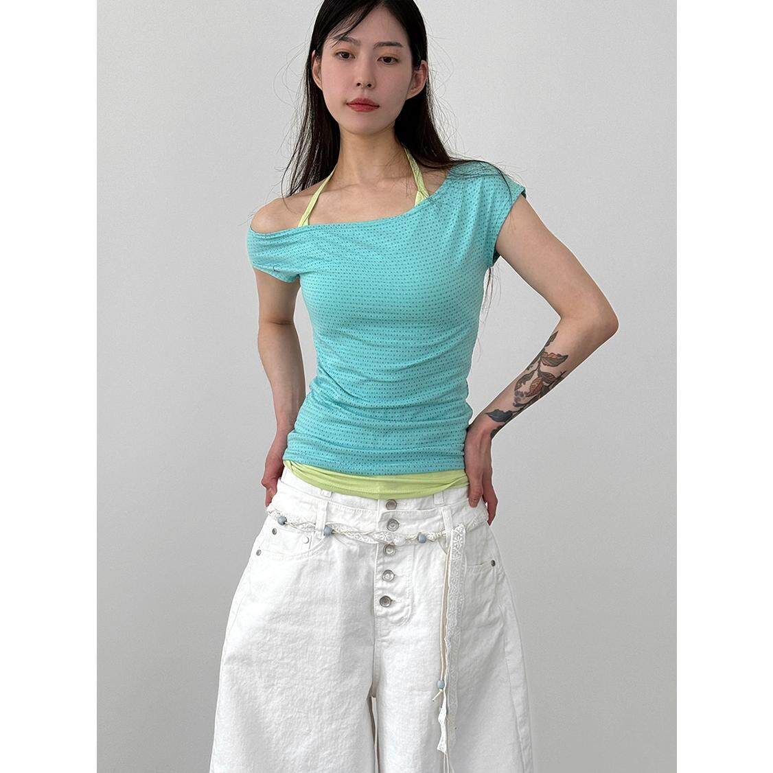 韩国代购26S/S off shoulder jacquard half tee 设计师无袖上衣