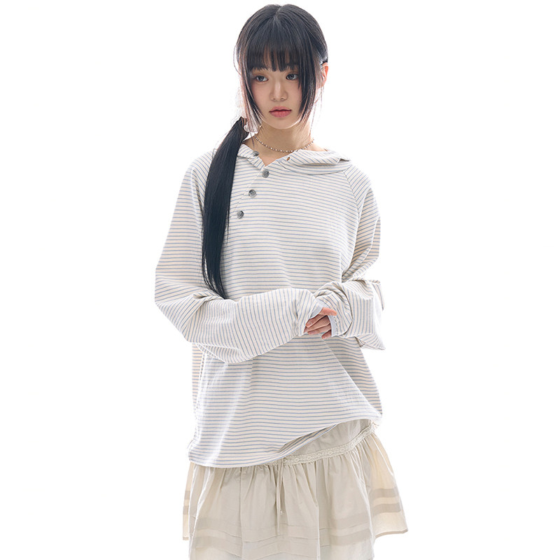 韩代Raucohouse Asymmetric button raglan hoodie 条纹卫衣帽衫