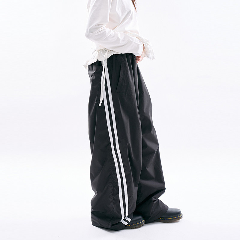韩国代购Raucohouse Modi nylon track pants 抽绳线条宽松长裤
