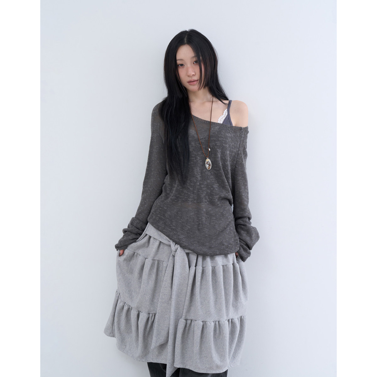lowear韩代 slub loose boat neck knit 薄透长袖宽松针织衫百搭