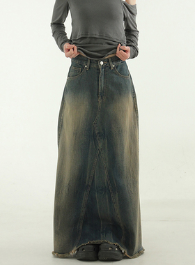 韩国代购24 dark blue brushed denim maxi skirt 牛仔半身长裙女