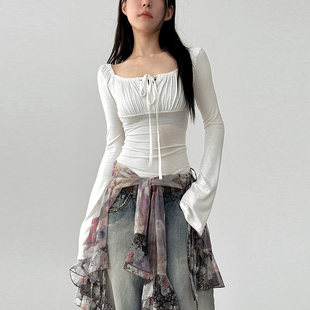 square neck 抽绳长袖 25F T恤 tee修身 shirring 韩国代购 silket