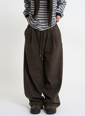 韩代Raucohouse Latte stripe fleece pants 条纹抽绳宽松长裤女
