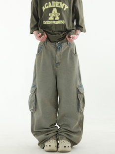 韩国代购23A/W vintage khaki cargo denim banding pants 牛仔裤